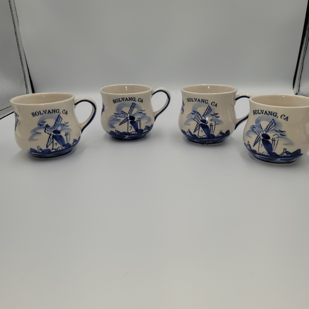 Delft Blue Solvang CA Handpainted Windmill Ceramic Mugs Set of 4 White Cobalt